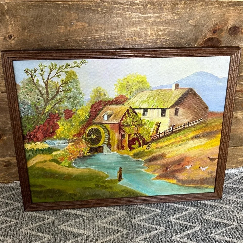 Vintage Rustic Land Scape Water Mill Original Painting Signed original frame